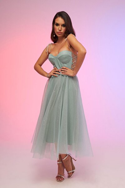 Carmen Çağla Tül Askılı Prenses Midi Söz ve Nişan Elbisesi