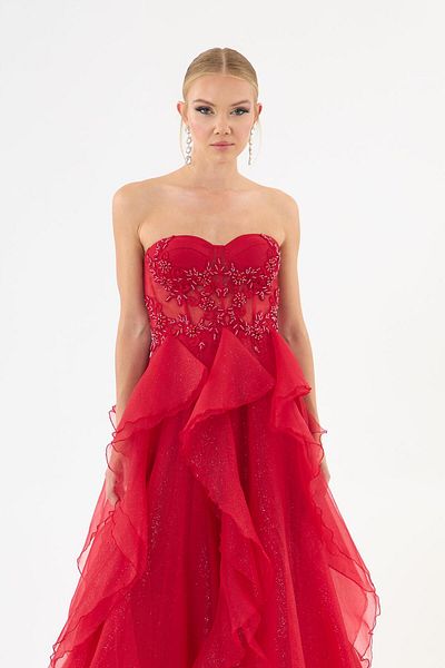 Carmen Red Glitter Tulle Embroidered Back Tie Strapless Engagement