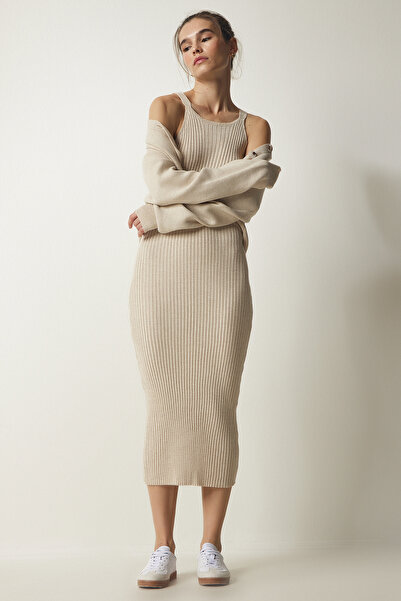 Lovelyİstanbul Knitwear Cardigan and Dress Set - Cream Lyy0078