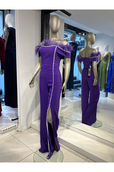 Robes STrapless Crepe Evening Dress wiTh STone and FeaTher DeTail - Sleeveless and SliT