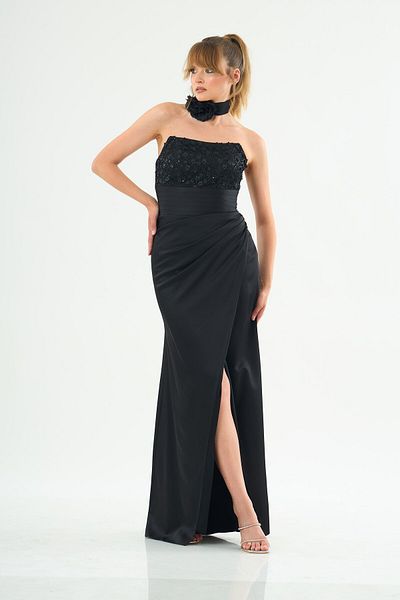 Carmen Satin Strapless Black Evening Dress - Slit Detail