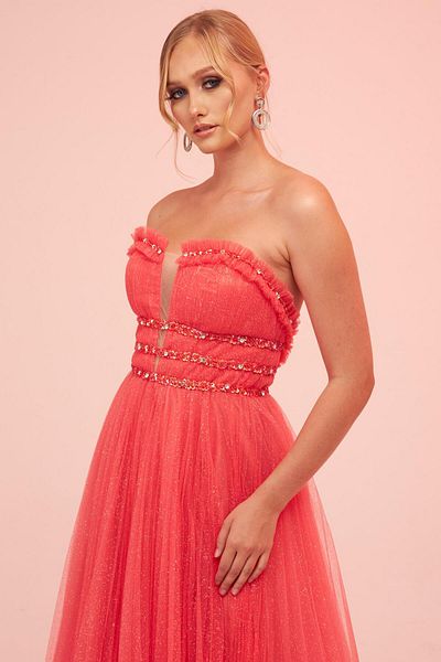 Carmen Coral Strapless Backless Tulle Engagement Dress