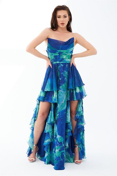 Carmen Green Printed Cat Ear Slit Long Evening Dress