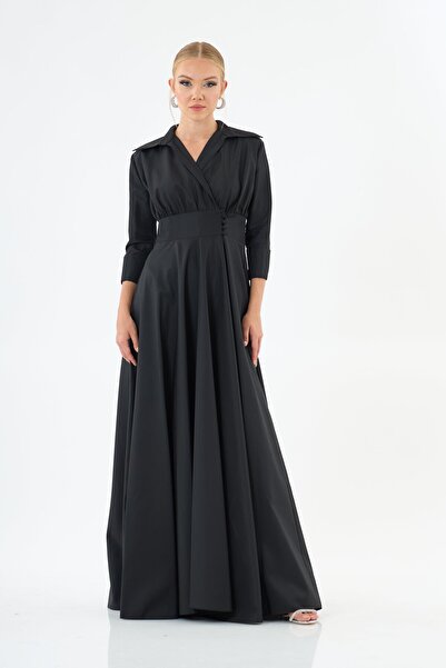 Carmen Siyah Uzun Kollu Tafta Abiye Elbise