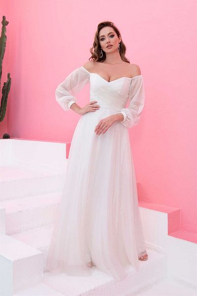 Carmen Ecru Glitter Long Sleeve Wedding Dress and Outdoor Shooting Dress