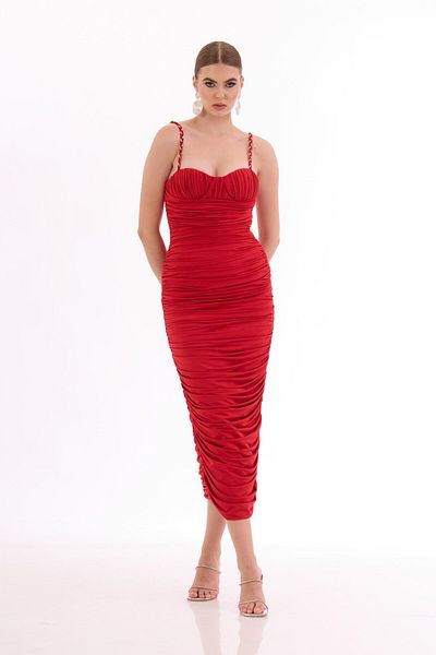 Carmen Venezia Evening Dress with Red Gathered Straps