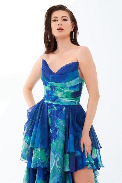 Carmen Green Printed Cat Ear Slit Long Evening Dress