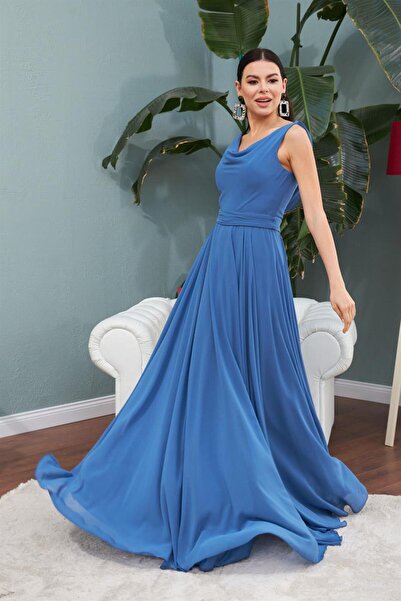 Carmen Indigo šifon Degaje límec Dlouhé večerní šaty a šaty na příležitost