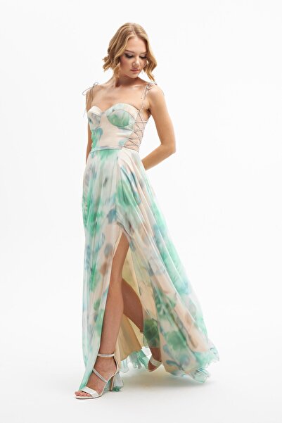 Carmen Zümrüt Empirme Yırtmaçlı Uzun Abiye Elbise