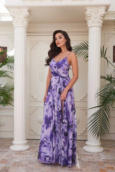 Carmen Lila bedrucktes langes Abendkleid mit Trägern