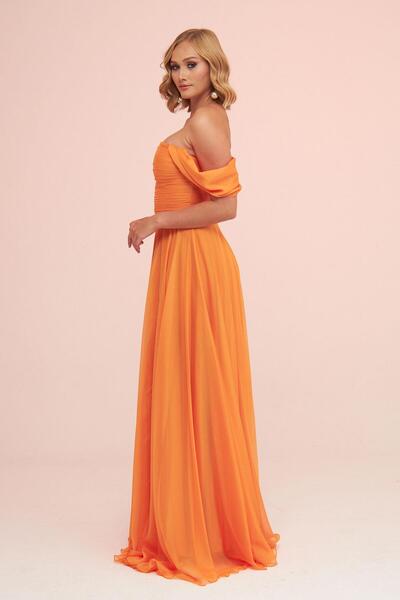 Carmen Orange Şifon Düşük Kollu Uzun Abiye Elbise