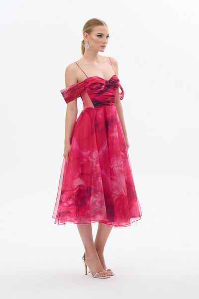 Carmen Rochie de seara cu bretele cu imprimeu organza fucsia