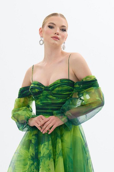Carmen Rochie de seara cu bretele cu imprimeu organza verde
