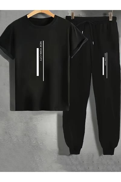 Elfa Tekstil New York City Printed T-Shirt - Jogger T-Shirt Crew Neck Bottom Top Tracksuit Set