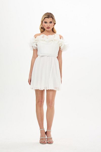 Carmen Rochie de seara scurta din sifon cu volane ecru