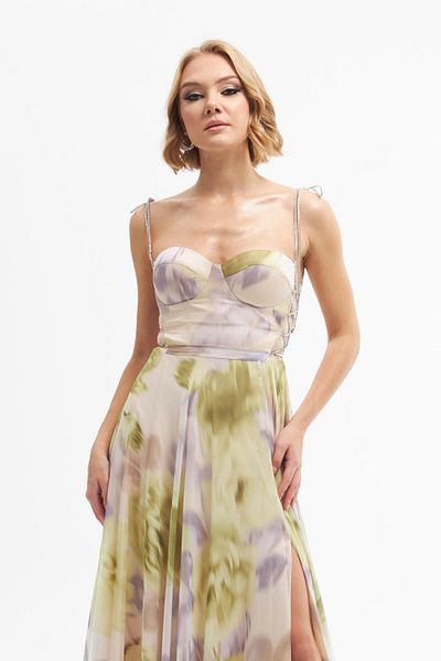 Carmen Pistachio Green Printed Long Evening Dress with Slit
