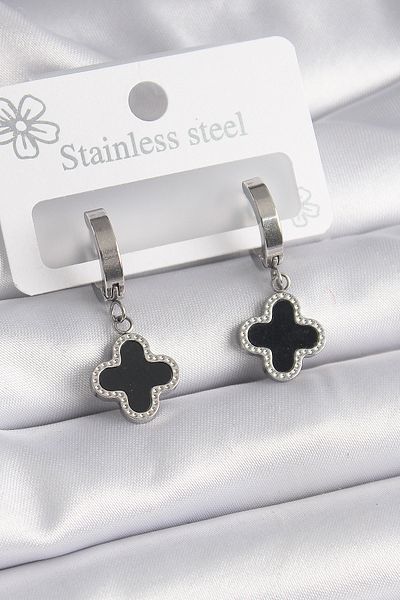 ShopZum Hepsgr 316L Steel Silver Color Black Clover Model Women's Earrings