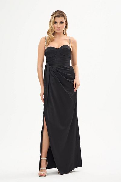 Carmen Rochie de seara lunga din satin cu bretele neagra