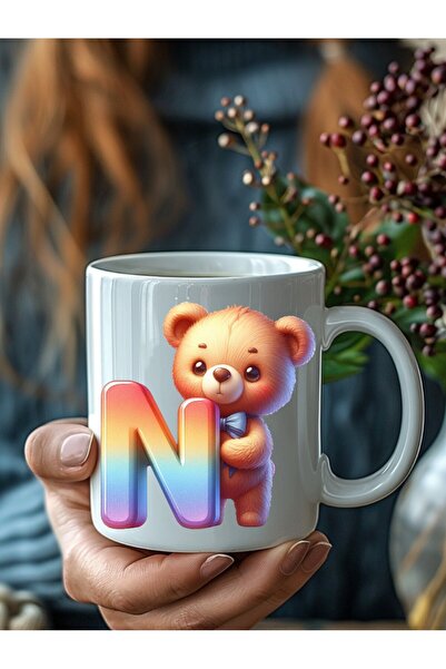 Evion Ayıcıklı Harf Şeklinde Kişiye Özel 3 Boyutlu Tasarım Seramik Kupa Mug - Hediyelik Kupa Bardak