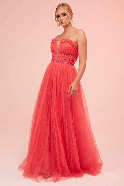 Carmen Coral Strapless Backless Tulle Engagement Dress