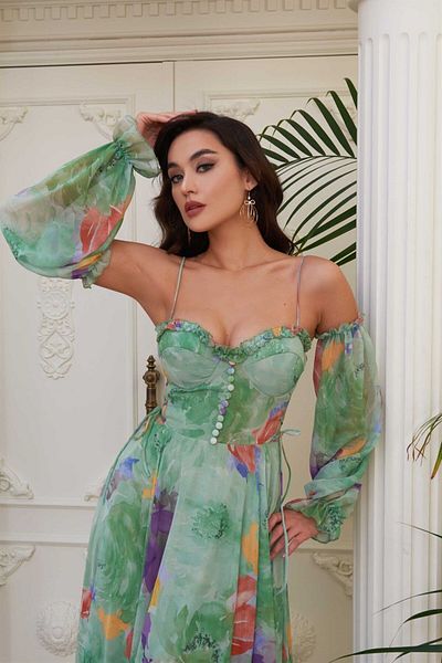 Carmen Green Printed Strap Balloon Sleeve Long Evening Dress