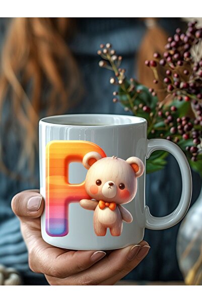 Evion Ayıcıklı Harf Şeklinde Kişiye Özel 3 Boyutlu Tasarım Seramik Kupa Mug - Hediyelik Kupa Bardak