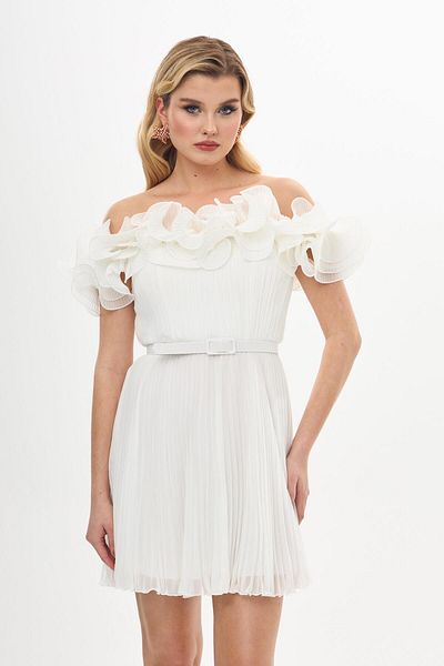Carmen Rochie de seara scurta din sifon cu volane ecru