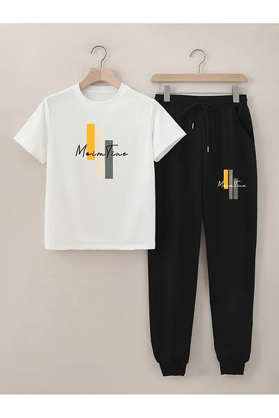 Pink Sky Main Time Printed T-Shirt - Jogger T-Shirt Crew Neck Bottom Top Tracksuit Set
