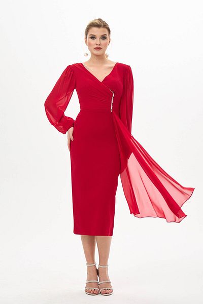 Carmen Red Long Sleeve Crepe Plus Size Evening Dress
