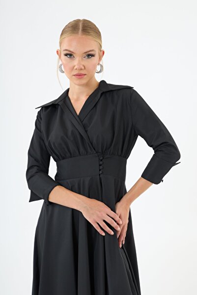 Carmen Siyah Uzun Kollu Tafta Abiye Elbise