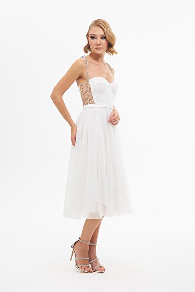 Carmen Ekru Tül Taşlı Prenses Söz Elbisesi