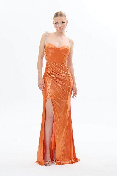 Carmen Glänzendes Abendkleid aus Strick – Orangefarbene Steindetails