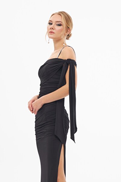 Carmen Černé písečné dlouhé večerní šaty s jedním rukávem