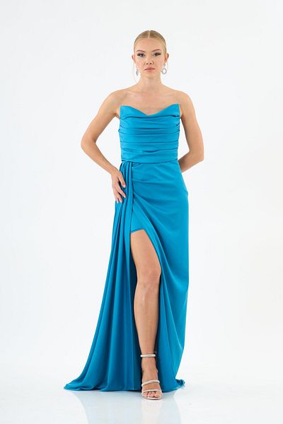 Carmen Rochie de seara din satin - rochie cu fanta benzina si ureche de pisica