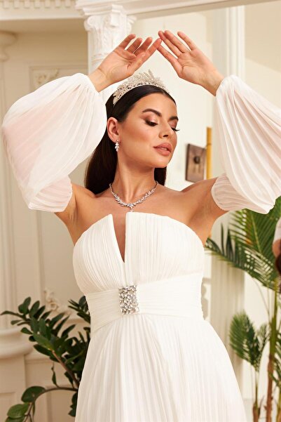 Carmen Ekru Şifon Kemer Detaylı Uzun Nikah ve Dış Çekim Elbisesi