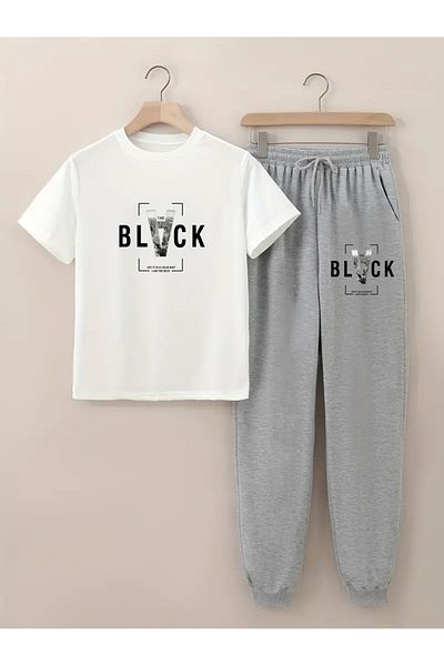 Pink Sky Black Printed T-Shirt - Jogger T-Shirt Crew Neck Bottom Top Tracksuit Set