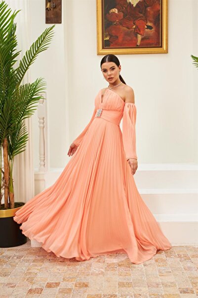 Carmen Yavru Ağzı Şifon Kemer Detaylı Uzun Abiye Elbise