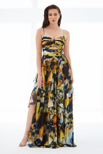 Carmen Orange Printed Long Evening Dress with Belly Low-cut Slit