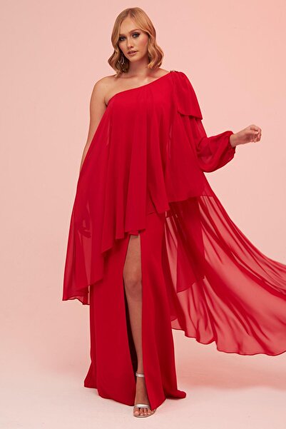 Carmen Red One Sleeve Slit Plus Size Chiffon Evening Dress