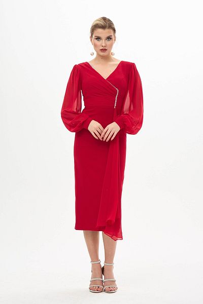 Carmen Red Long Sleeve Crepe Plus Size Evening Dress