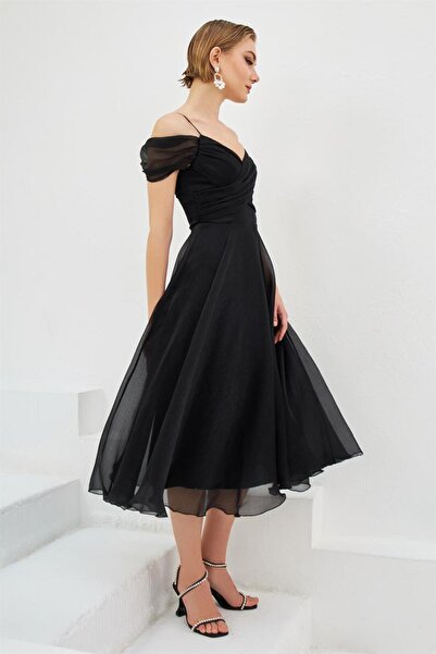 Carmen Siyah Organze Düşük Kol Kısa Abiye Elbise