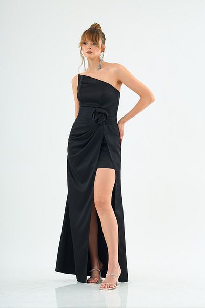 Carmen Satin Evening Dress - Black, One Shoulder, Rose Dress