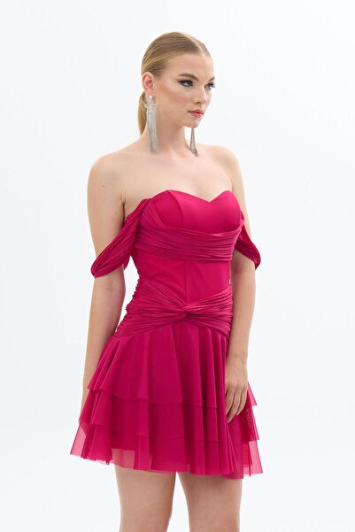 Carmen Fuşya Düşük Kol Fırfırlı Şifon Abiye Elbise