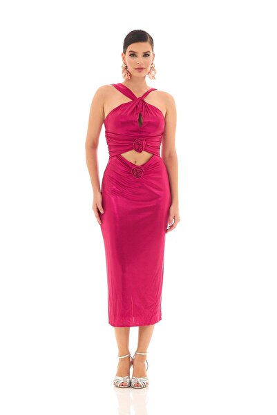 Carmen Fuşya Gül Detaylı Dekolteli Sandy Abiye Elbise