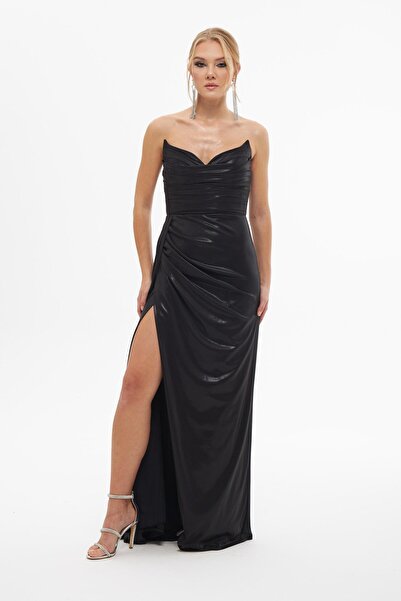 Carmen Siyah Parlak Örme Straplez Uzun Abiye Elbise