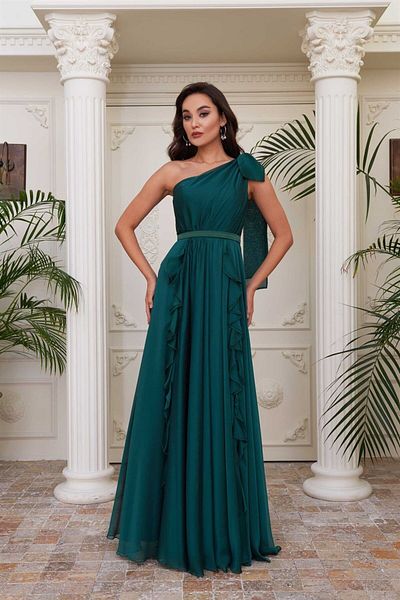 Carmen Emerald Chiffon One-Shoulder Long Evening Dress