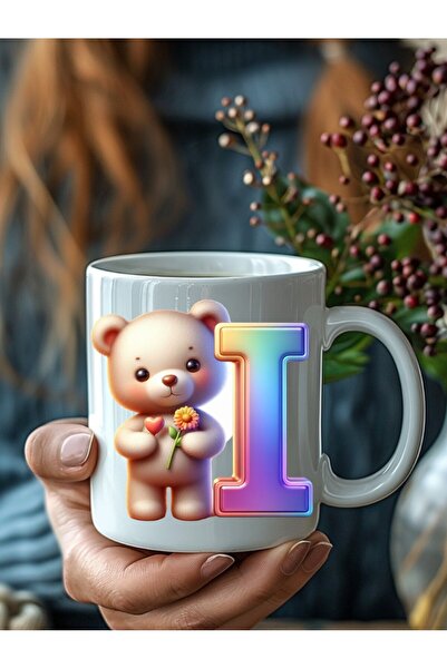 Evion Ayıcıklı Harf Şeklinde Kişiye Özel 3 Boyutlu Tasarım Seramik Kupa Mug - Hediyelik Kupa Bardak