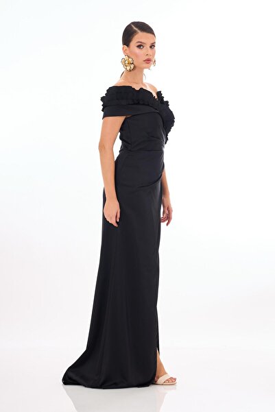 Carmen Black Ruffled Slit Satin Evening Dress