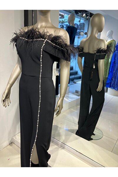 Robes Strapless Collar Slit Detailed Stylish Crepe Evening Dress Jumpsuit with Stone and Feather Embroidery