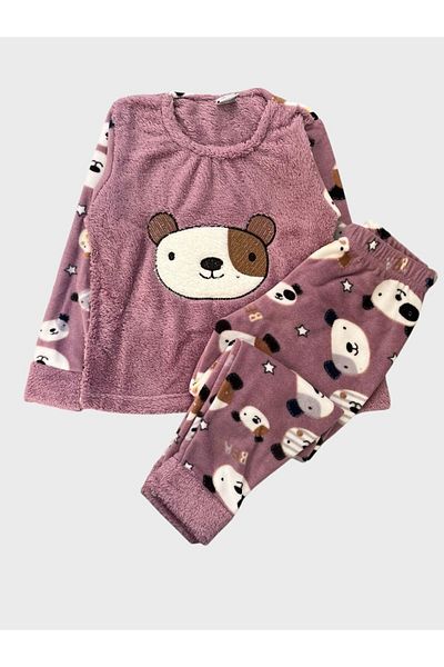 Fil Kids Girl's Powder Color Teddy Bear Patterned Long Sleeve Winter Fleece Pajama Set
